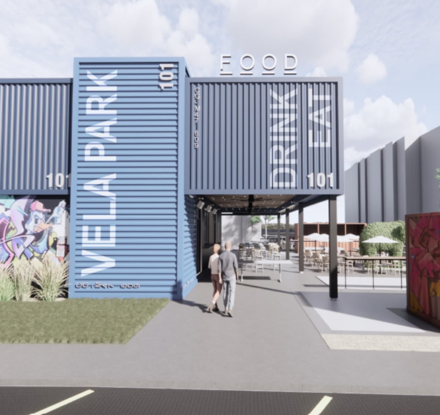 The entrance and covered patio at Vela Park Food Works, five minutes from East Lake Golf Club