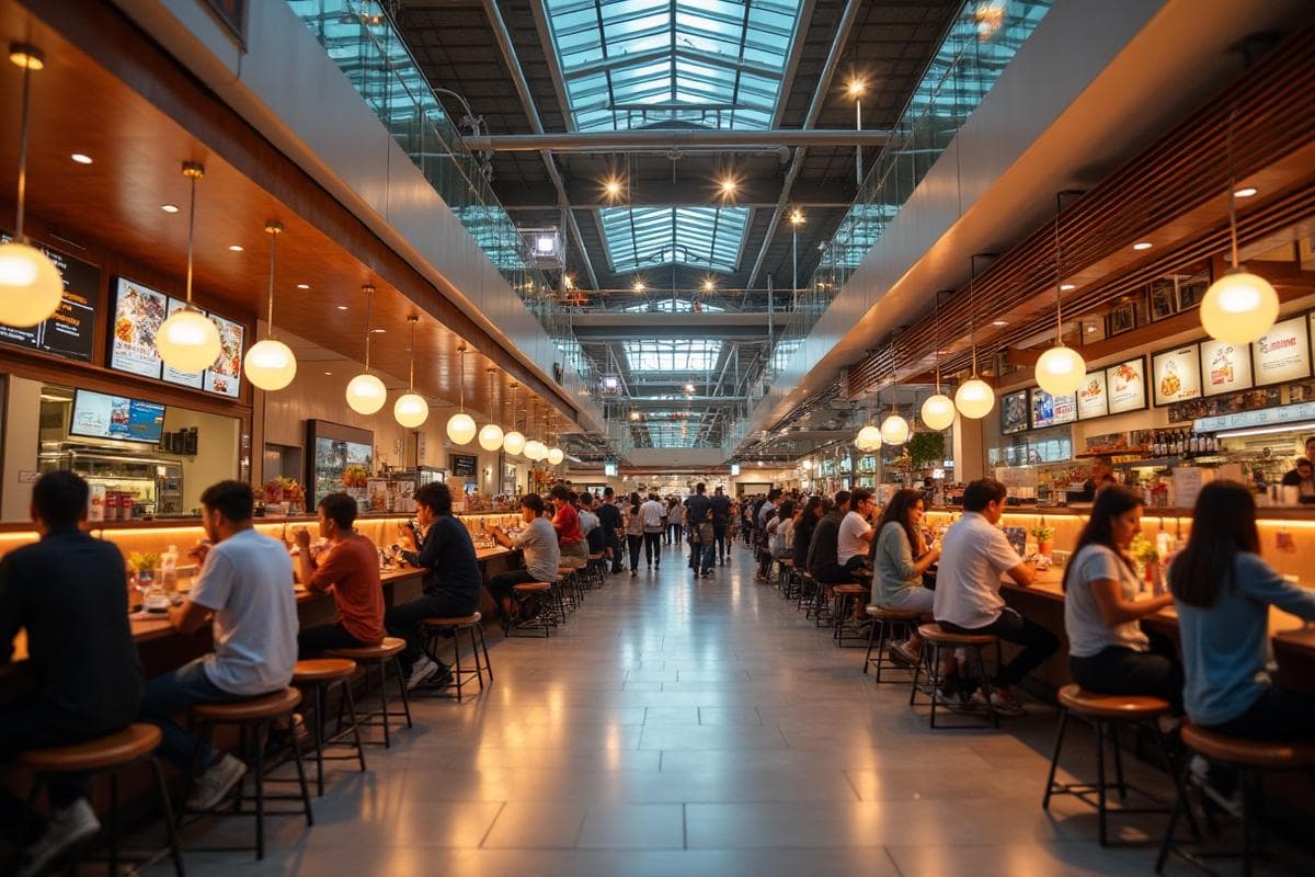 Inside the Vela Park Food Works food hall, with shared seating between the kitchens