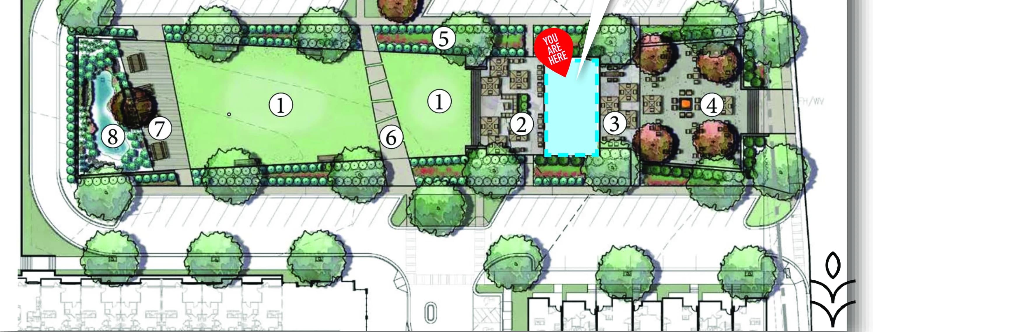 Site plan of Vela Park Food Works: the building, patios, and central park
